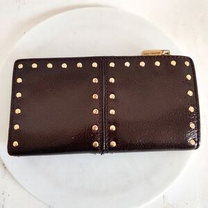 Michael Kors Astor Bi-fold Wallet Brown Patent Leather Gold Studded Designer